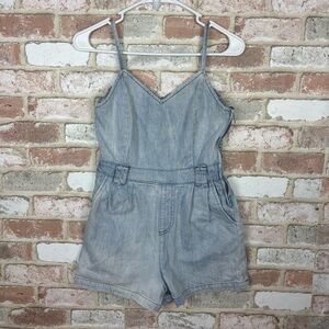 Versona Women’s medium light wash denim romper | side zip tank straps